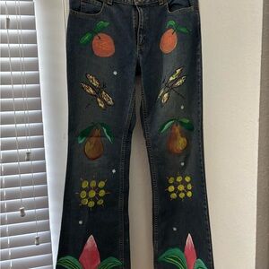 Hand-Painted Denim Jeans with Colorful Fruit and Nature Design